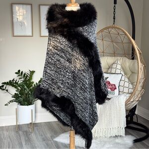Elegant Black and Gray Viscose Blend Faux Fur Trimmed Poncho | One Size